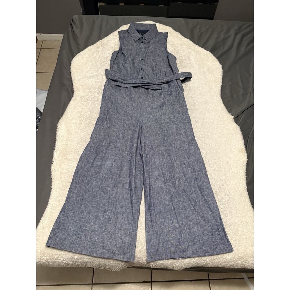 Banana Republic Chambray Blue Linen Blend Tie Waist Jumpsuit Size 6